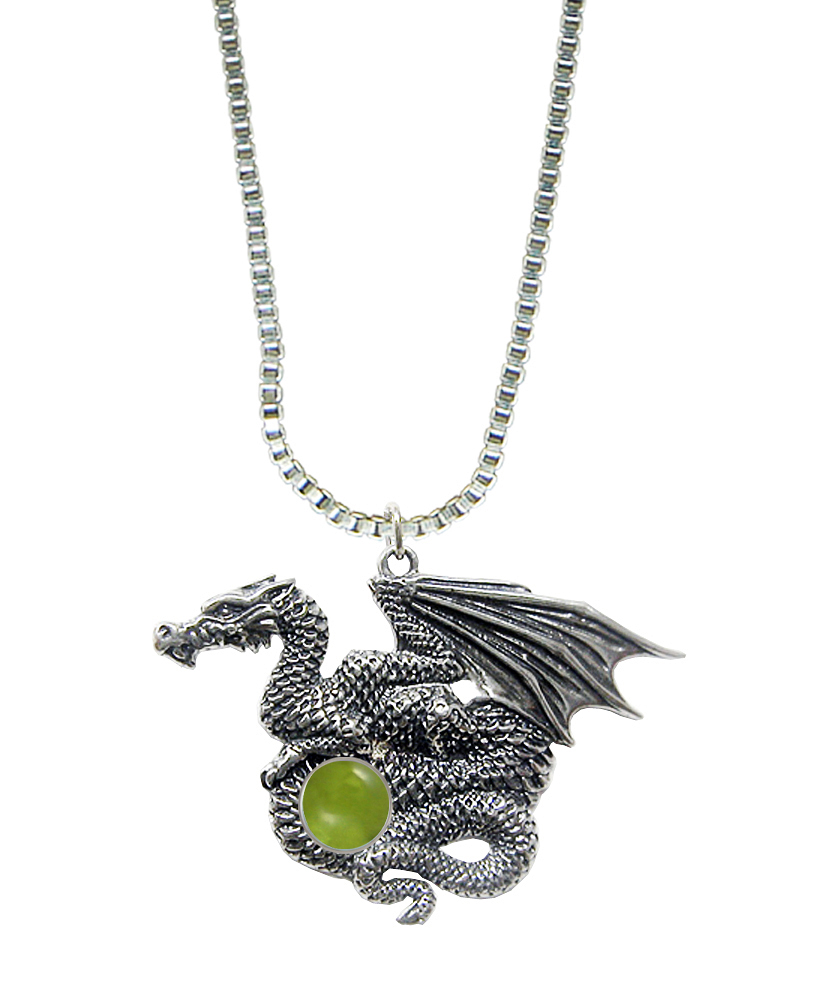 Sterling Silver Dragon of Many Treasures Pendant With Peridot